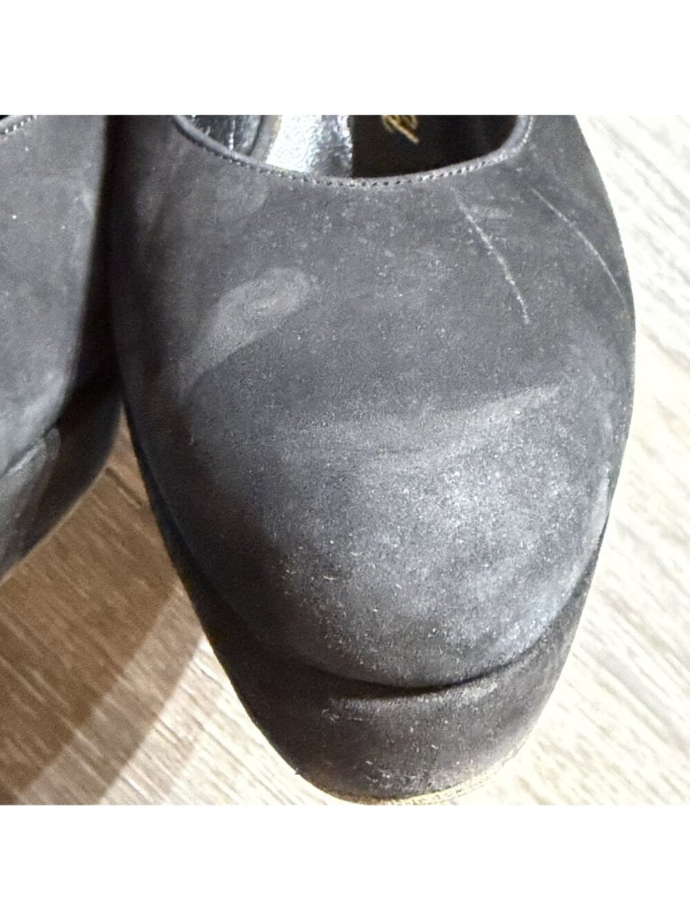 Karl Lagerfeld Suede Slingback Platform Heels 7M Black Almond Toe France VTG Y2K - Picture 12 of 13